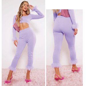 PrettyLittleThing NWT LILAC FEATHER TRIM KNIT LEGGINGS